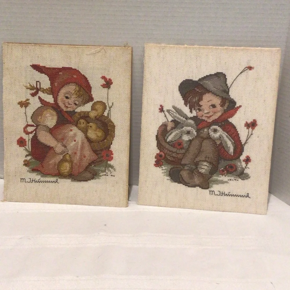 Vintage M.I. Hummel Style Cross-Stitch Wall Art Pair - Red & Cream no frame